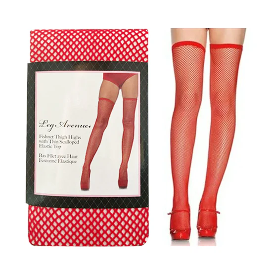 Medias Elastic Top Fishnet Thigh Highs - One Size - Red