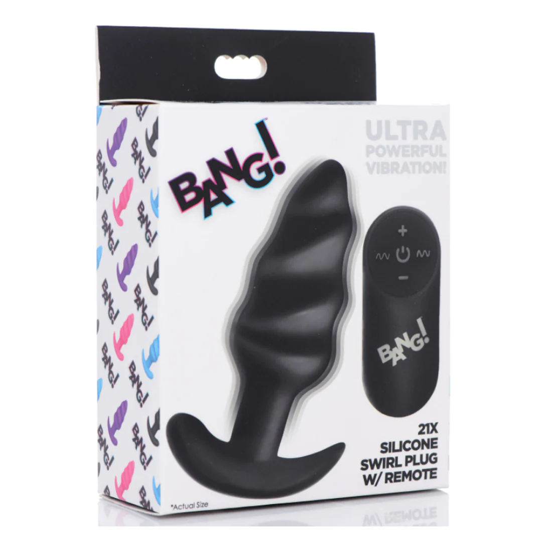 Plug Bang 21X Vibrating Silicone Swirl Butt Plug W/ Remote Control-Black