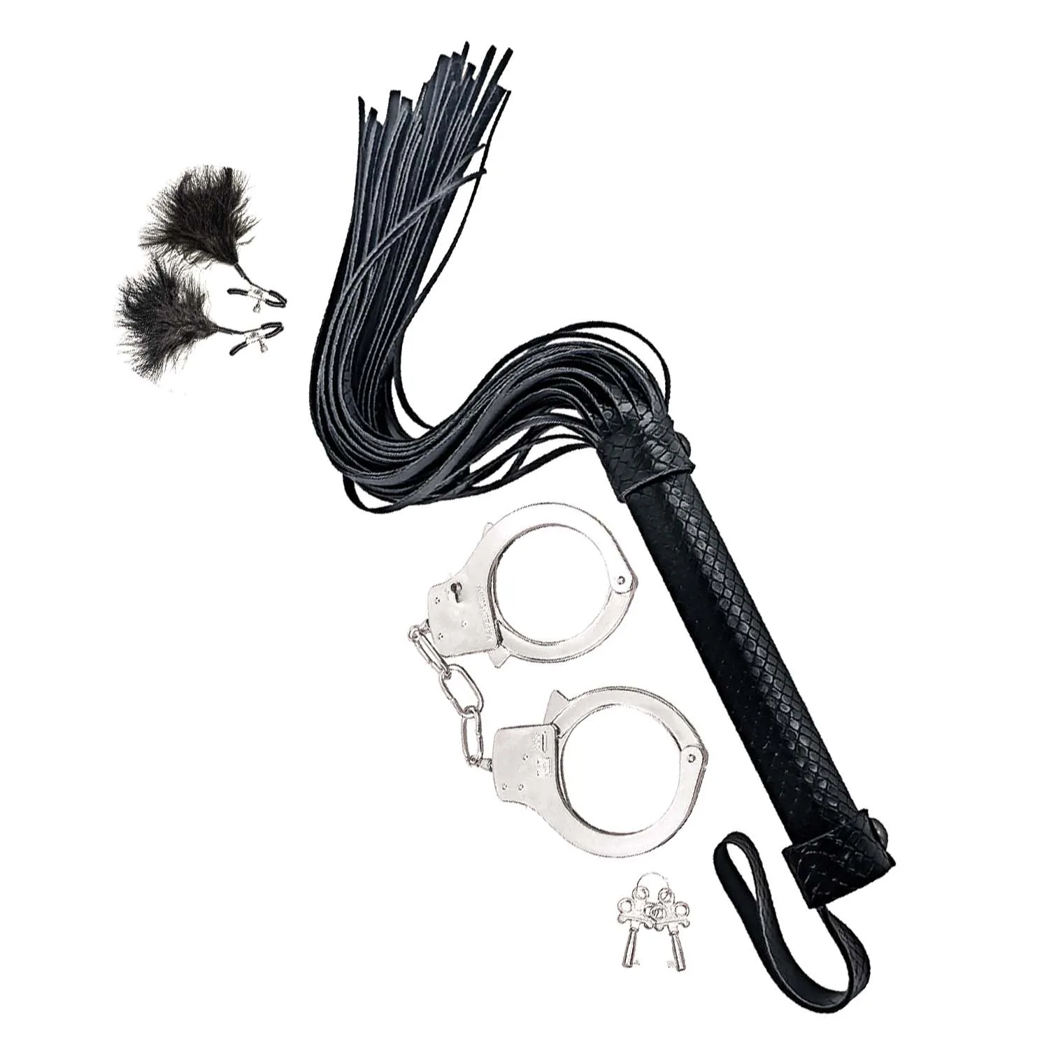 Bondage by Nasstoys Whip, Feather Cuffs - Black