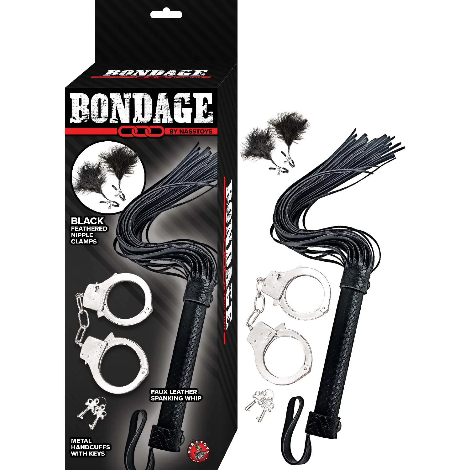 Bondage by Nasstoys Whip, Feather Cuffs - Black - Image 2