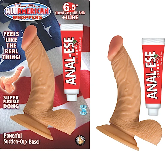 Dildo All American Whoppers 6.5" Curved Dong With Balls + Lube Flesh