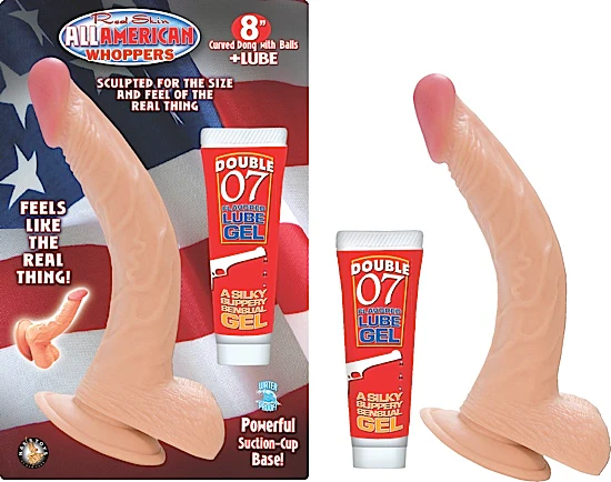 Dildo All American Whoppers 8" Curved Dong With Balls + Lube Flesh