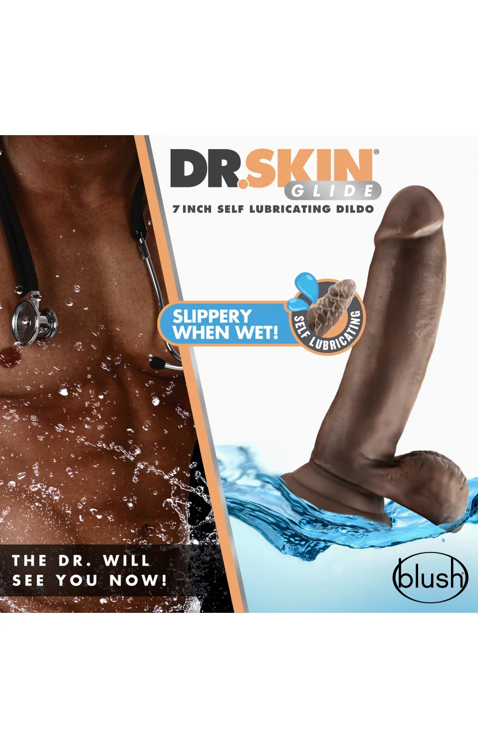 Dildo Dr. Skin Glide - 18 cm Self Lubricating Dildo with Balls - Dark - Image 2