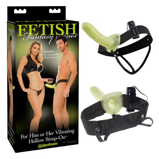 Dildo Fetish Fantasy Series For Him Or Her Vibrating Hollow Strap-On 15 cm- Glow In The Dark
