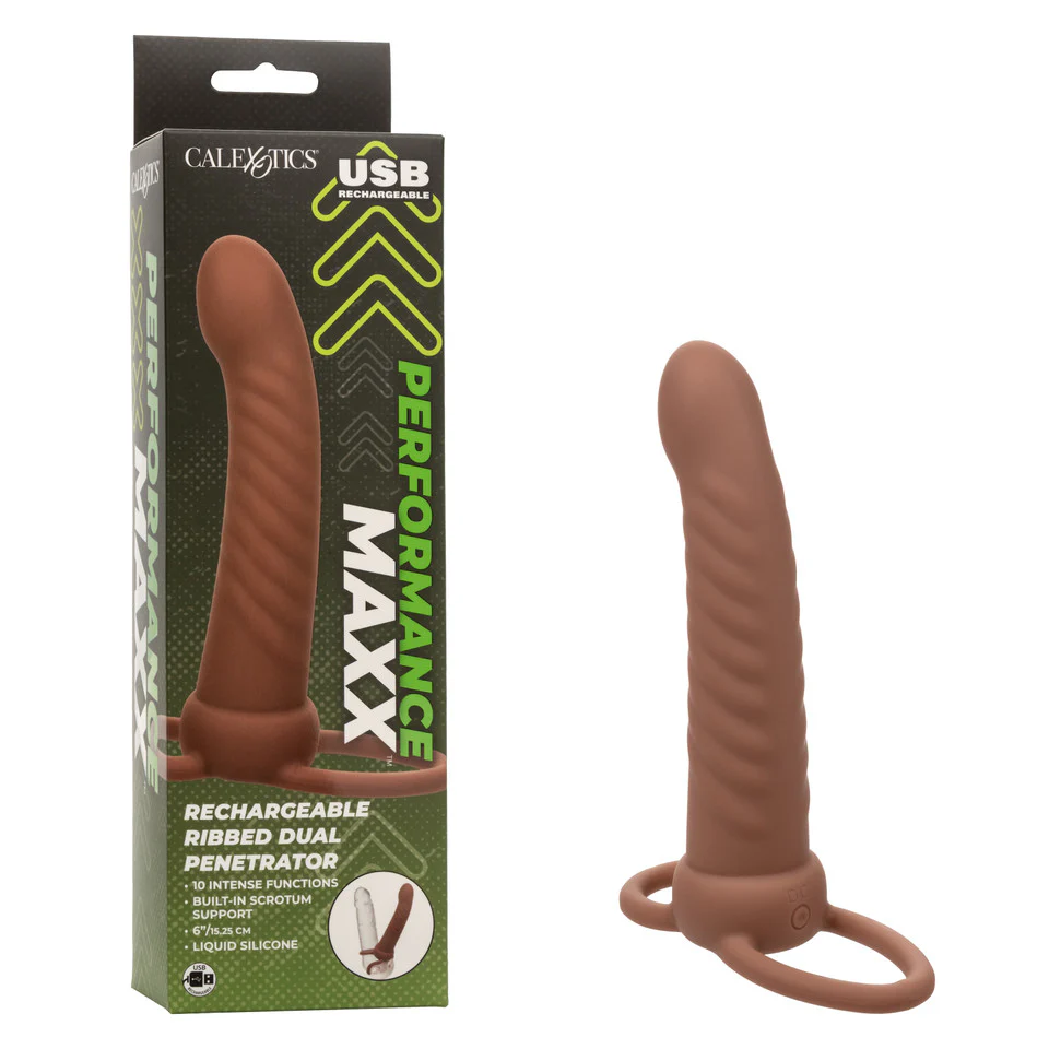 Dildo Performance Performance Maxx™ Rechargeable Ribbed Dual Penetrator - 15 cm- Brown