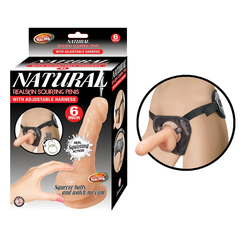 Dildo Natural Realskin Squirting Penis W/Adjustable Harness 15 cm Flesh