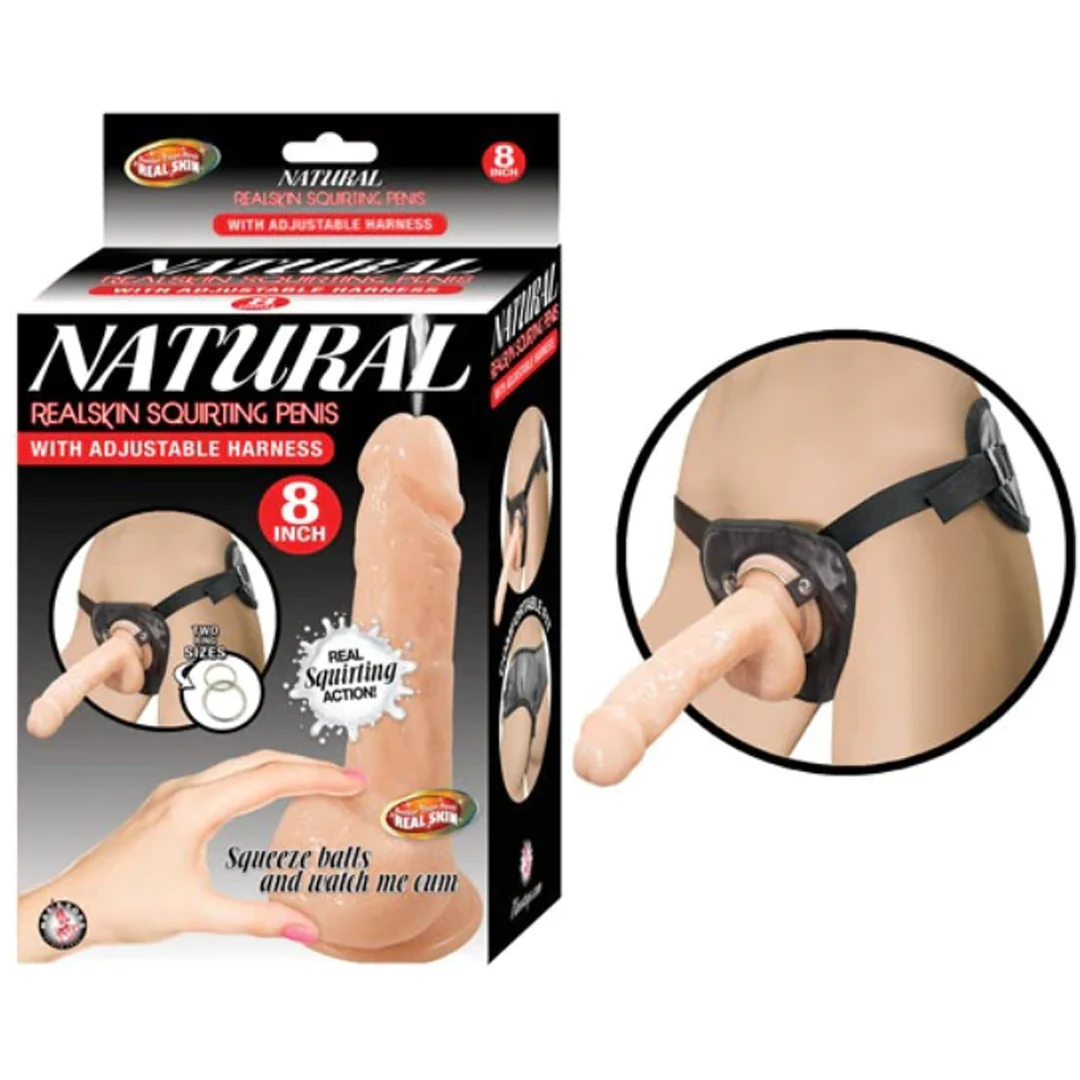 Natural Realskin Squirting Penis W/Adjustable Harness 20 cm Flesh