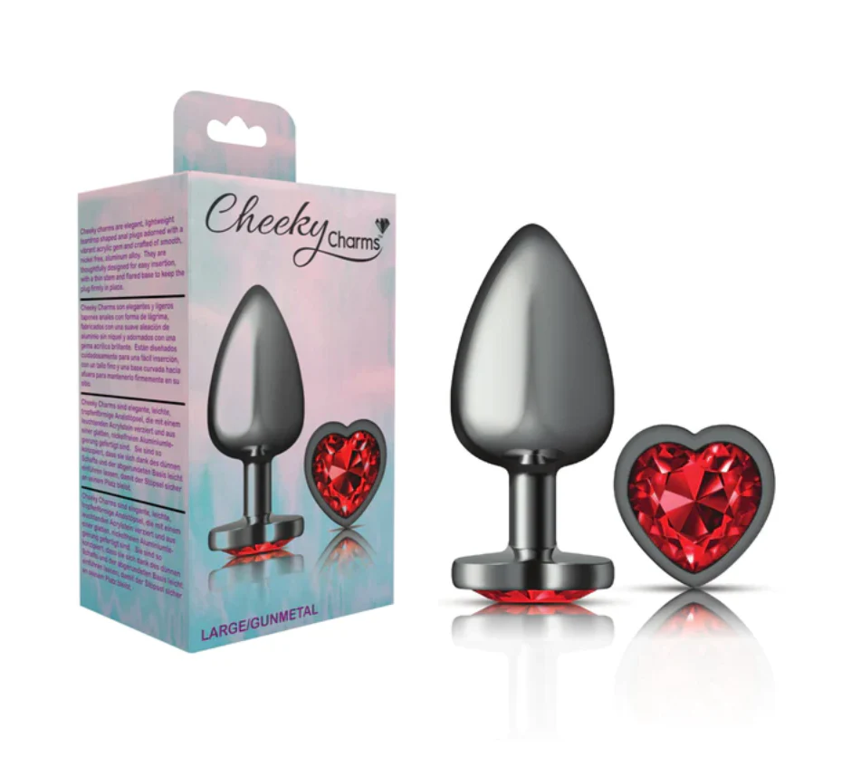 Plug Anal Cheeky Charms Large-Gunmetal Metal Butt Plug-Heart Red - Image 2