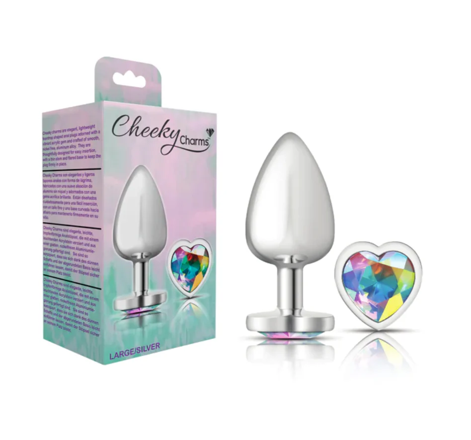 Plug Anal Cheeky Charms Large-Silver Metal Butt Plug-Heart-Clear - Image 2
