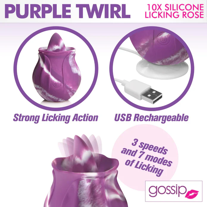 Vibrador Gossip Purple Twirl 10X Silicone Licking Rose - Image 4